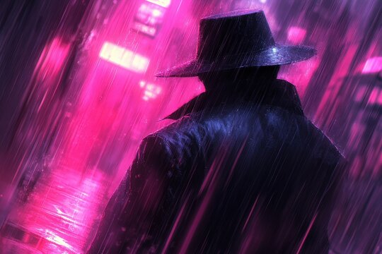 A mysterious figure in a dark hat stands in the rain, illuminated by vibrant pink and purple lights, creating a dramatic and moody atmosphere.