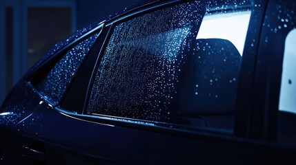 Obraz premium Close-Up of Raindrops on Car Window at Night with Blue Light