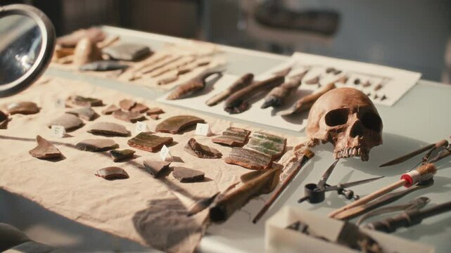 Table displaying archaeological artifacts including pottery shards, historic tools, human skull and magnifying lamp for research in laboratory. Close-up view