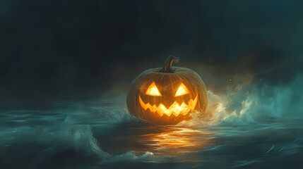 Naklejka premium A single pumpkin lit from within by soft moonbeams, casting a warm glow over its carved face, pumpkin, solitary. Moonbeam. Illustration