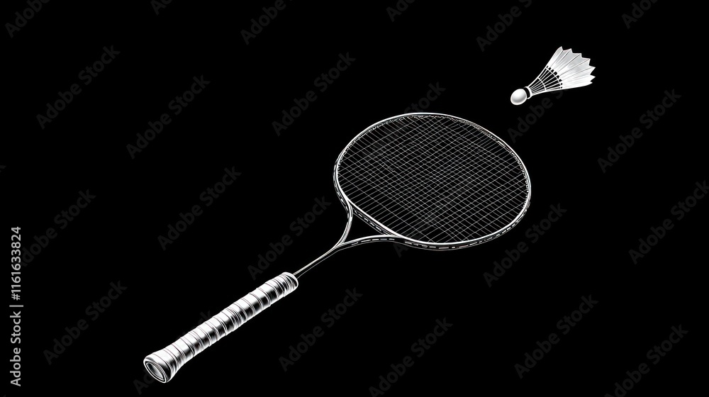 Poster wireframe badminton racket and shuttlecock.