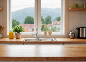 Warm and inviting kitchen with wooden countertops, white tiled backsplash, and natural sunlight, adorned with potted plants and copper pots.
