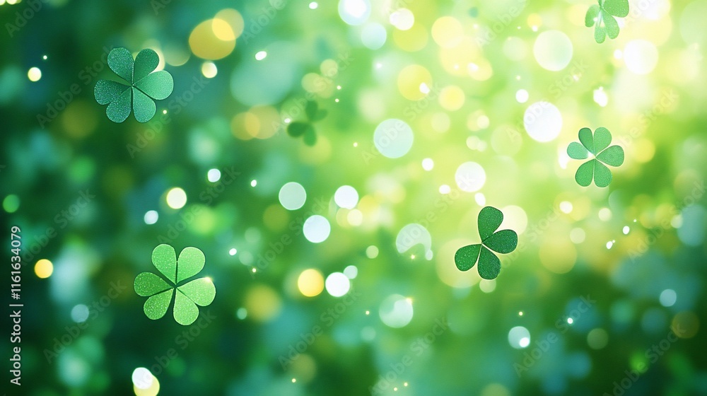 Poster a vibrant background featuring clovers and soft bokeh effects.