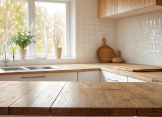 Warm and inviting kitchen with wooden countertops, white tiled backsplash, and natural sunlight, adorned with potted plants and copper pots.