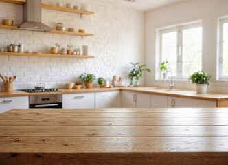 Warm and inviting kitchen with wooden countertops, white tiled backsplash, and natural sunlight, adorned with potted plants and copper pots.