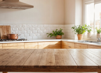 Warm and inviting kitchen with wooden countertops, white tiled backsplash, and natural sunlight, adorned with potted plants and copper pots.