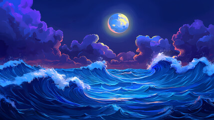 Animestyle ocean waves under moonlit sky dynamic water movement stylized foam ethereal moonbeam reflections moody nighttime palette. moonlit ocean. illustration. Moonbeam. Illustration