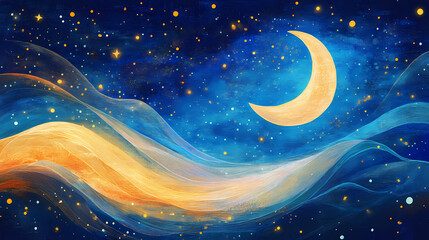 Artistic representation of a calm, moonlit night with a gentle lullaby visualized through soft, flowing colors and shapes. Moonbeam. Illustration