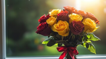 Colorful Bouquet of Red and Yellow Roses against Bright Window Light