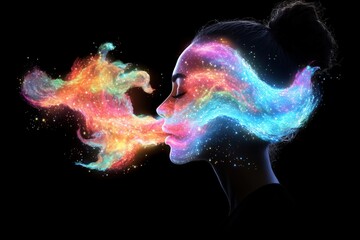A contemplative young woman with a bun, exhaling vibrant cosmic colors and swirls, representing creativity and imagination.