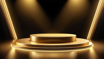Luxury and futuristic stage gold podium award stage golden neon light. background luxury pedestal for product showcase and winner ceremony spotlight