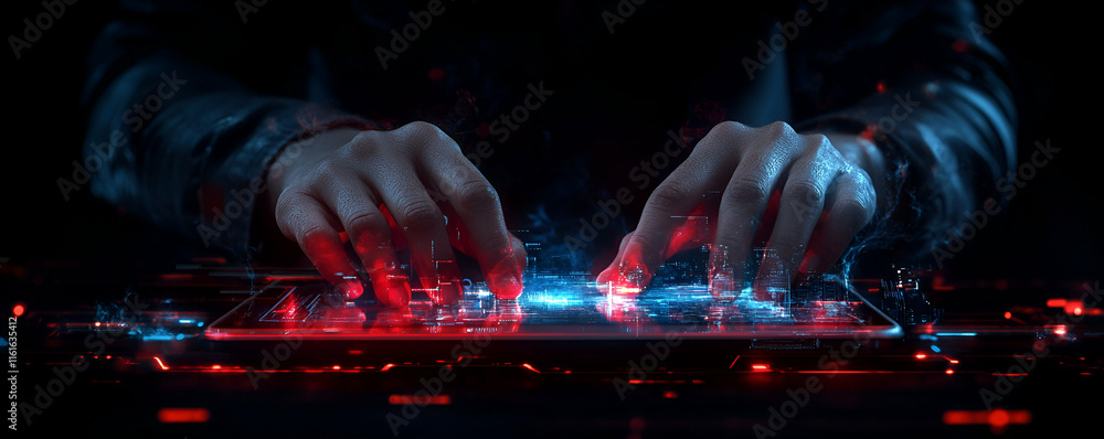 Poster digital metropolis, hands interact with a futuristic interface, shaping urban development with innov