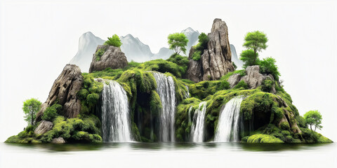 Idyllic waterfalls cascading down lush green mossy rocks in fantasy landscape