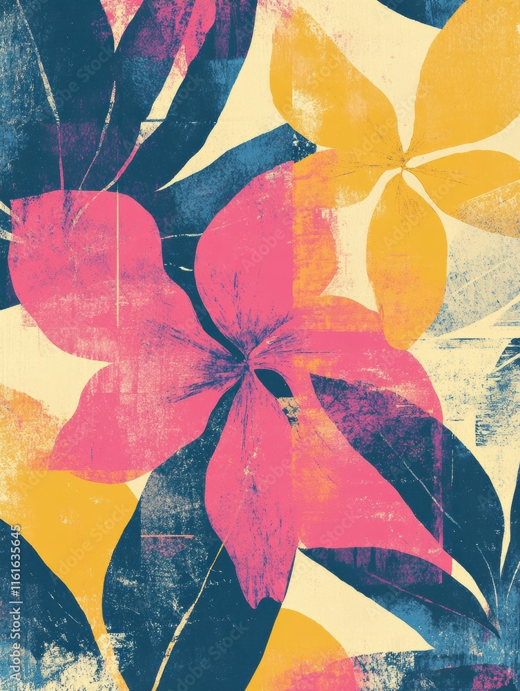 Poster Retro risograph inspired floral pattern featuring vibrant colors and botanical shapes in a dynamic composition. Generative AI