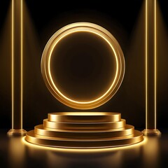 Luxury and futuristic stage gold podium award stage golden neon light. background luxury pedestal for product showcase and winner ceremony spotlight