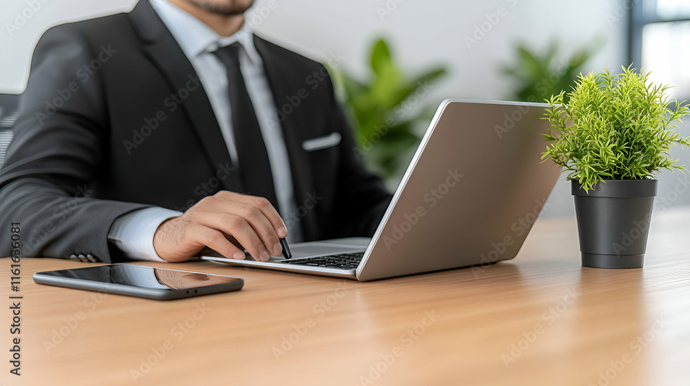 Poster businessman working on laptop at desk, efficiently managing tasks and projects with digital tools, i
