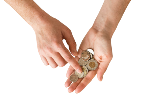 Person hands counting Canadian cash money coins isolated cutout on transparent