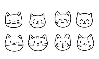 Eight cute cartoon cat faces, simple line art. (1)
