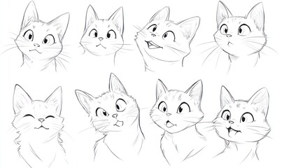 Obraz premium Eight playful cat sketches showing various expressions.