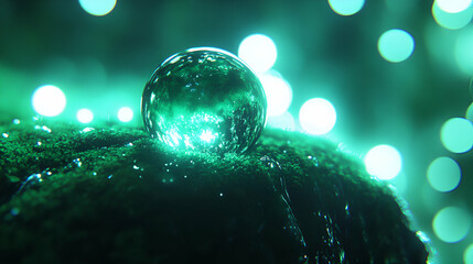 Emerald Orb on Mossy Surface, Glowing Mysteriously in Night Lights