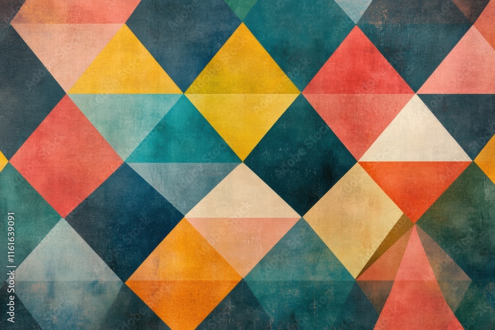 Poster mosaic inspired pattern of colorful triangles with a rich texture and depth creating a vibrant wall 