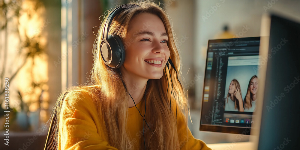 Poster smiling graphic designer editing photos on computer using headphones at home office