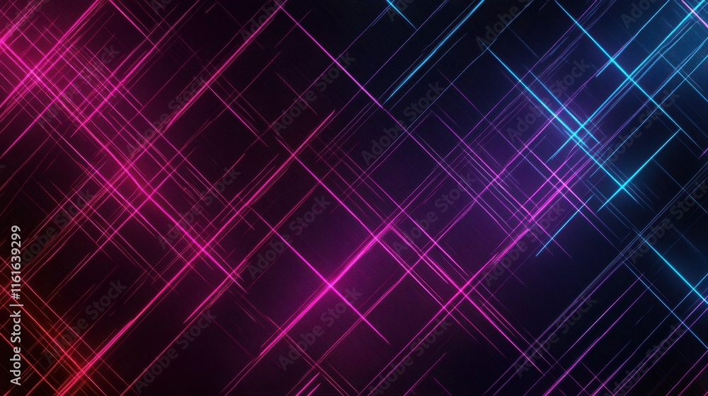 Poster retro 1990s grid pattern featuring vibrant pink and blue diagonal lines on a dark background. genera