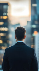 Fototapeta premium Man in Suit Facing Cityscape