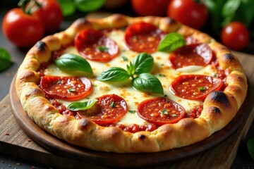 Juicy tomato sauce, fresh basil leaves, melted mozzarella cheese, steaming pepperoni slices, crispy crust with smoky aroma, basil, tomato sauce, pepperoni