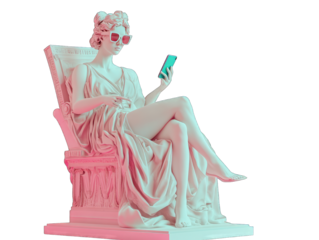 An ancient Greek sculpture of a woman sitting on a chair and holding her phone with sunglasses