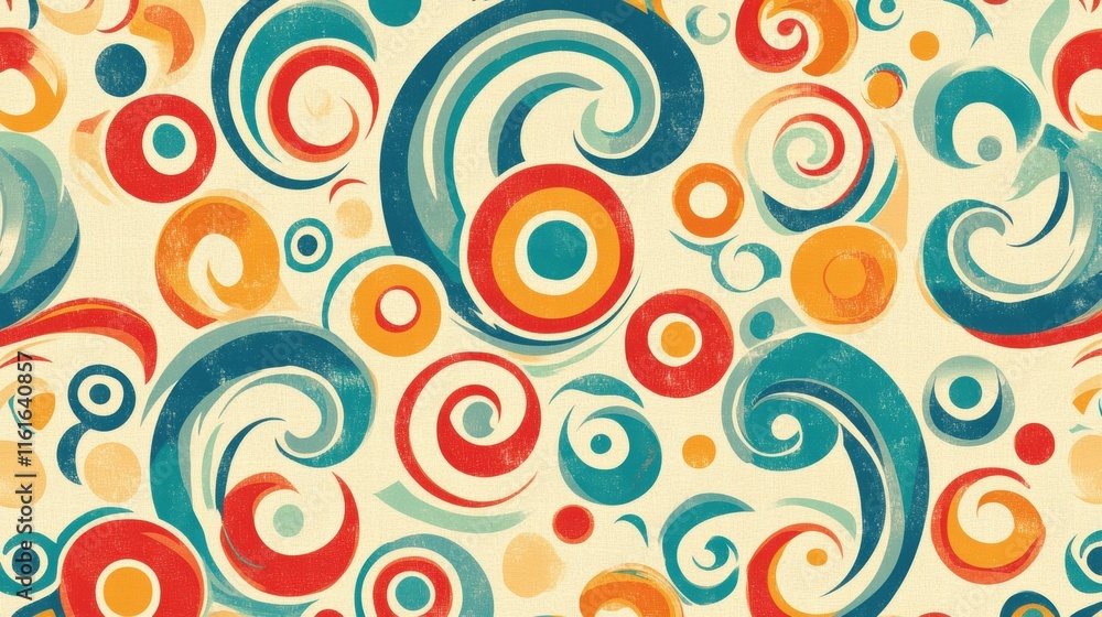 Poster retro inspired pattern featuring colorful spirals and curved lines in vibrant 70s color palette. gen