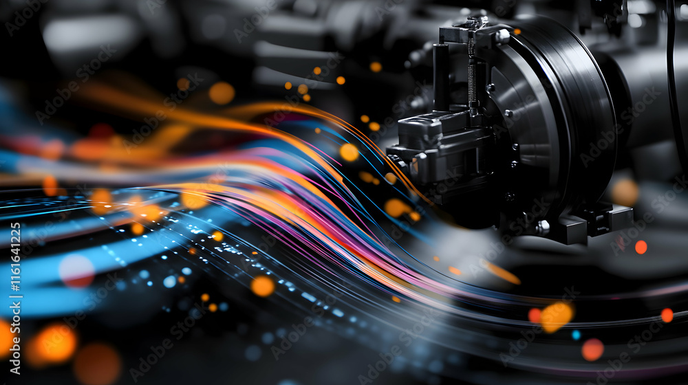 Poster abstract technology, data streams flowing through industrial machinery, creating a vibrant, dynamic 