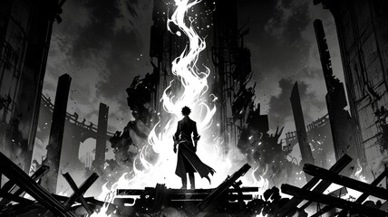 Fototapeta premium black anime aesthetic wallpaper laptop,Mysterious figure with a blazing aura, standing in shadowy ruins