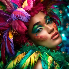 Obraz premium Vibrant Carnival Performer in Glowing Feathered Costume
