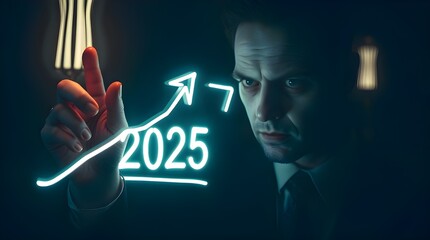Eerie, creepy atmosphere illuminated by creative light art. A businessman with pale skin and intense eyes touches an upward arrow graph showing 2025 business goals. The image features dark tones,