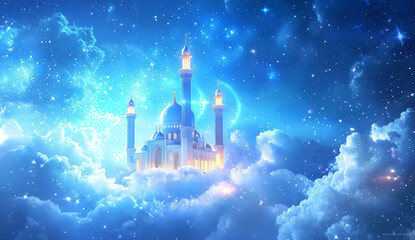 A mosque background with clouds and sun