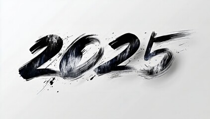The word "2025" written in brush calligraphy, with vector graphics, on a white background in black and gray colors, in a minimalist style. The lettering is accompanied by an elegant, - Generative AI