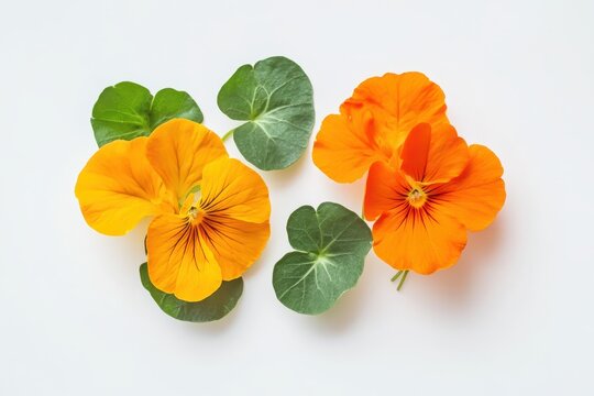 Fototapeta Edible blooms on a white backdrop pansy and garden nasturtium