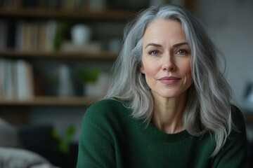 Fototapeta premium Elegant older woman in a green sweater conversing with a virtual assistant at home asking about music or posing a question Voice command and smart speaker technology