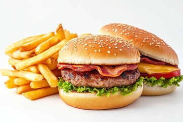 Fast foods displayed alone on white