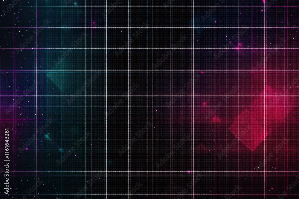 Poster Retro 1990s grid pattern with neon hues showcasing vibrant colors and geometric design elements across a dark backdrop. Generative AI