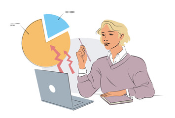 Businessperson analyzing data with a laptop and pie chart. Clean line art style, suitable for corporate, educational, and infographic designs. Vector illustration on white background