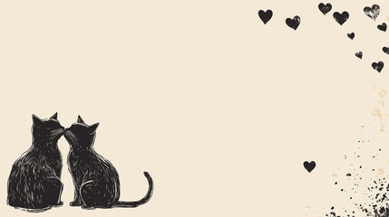 Illustration of a black cat pair with hearts. Cats in love