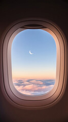 Scenic view of clouds and a crescent moon through an airplane window at sunrise.
