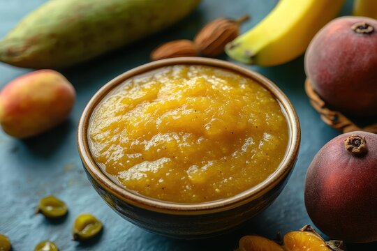 Fresh tamarind puree and pulp paste in a bowl with whole fruit