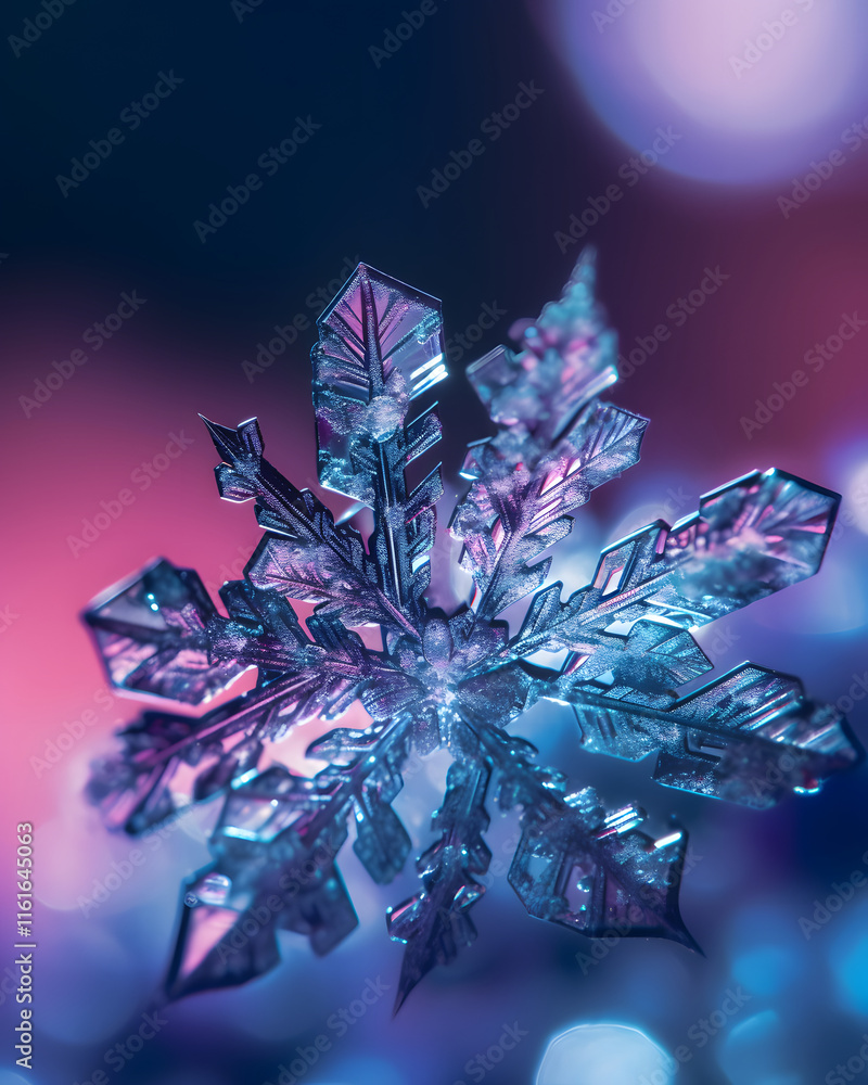 Poster close-up photograph of a single snowflake with purple and blue bokeh background