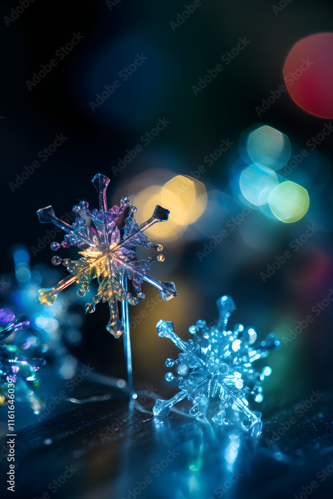 Poster iridescent plastic snowflake ornaments with bokeh background