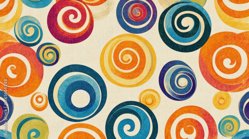 Poster colorful retro inspired pattern featuring spirals and curved lines in a vibrant 70s color palette. g