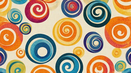Colorful retro inspired pattern featuring spirals and curved lines in a vibrant 70s color palette. Generative AI
