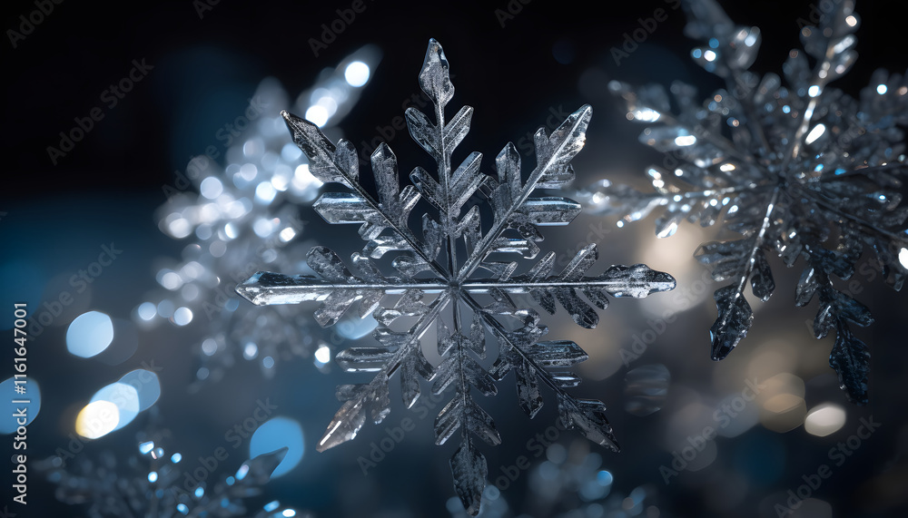 Poster close-up photograph of a single ice crystal snowflake with bokeh background